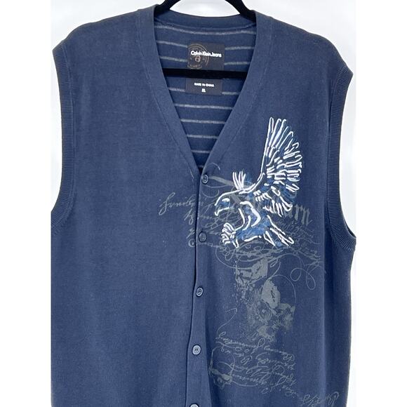 Y2K CALVIN KLEIN V-Neck Sweater Vest Adult XL Eagle Skull Graphic Print Grandpa - Picture 2 of 13
